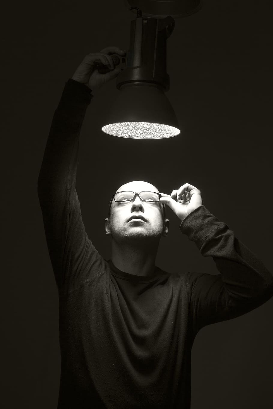 man, looking, white, lighted, pendant light, model, male, overview, exposure, contact