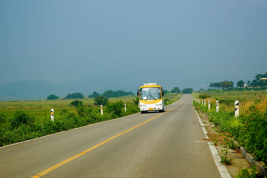 white, yellow, passenger bus, road, daytime, transport, asphalt, village bus, gil, bus