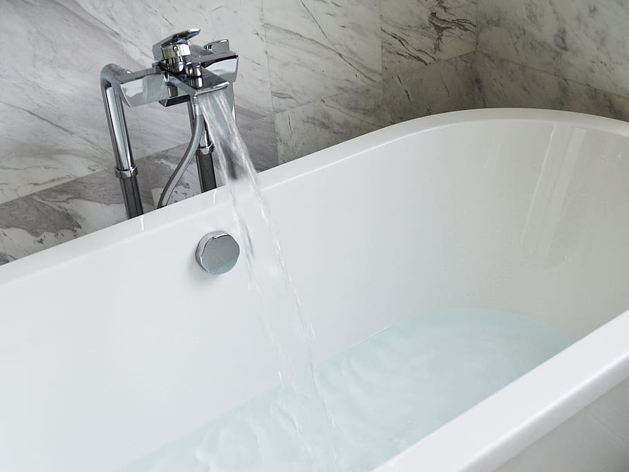 white, ceramic, bath tub, stainless, steel faucet, daytime, bathtub, faucet, bathroom, clean