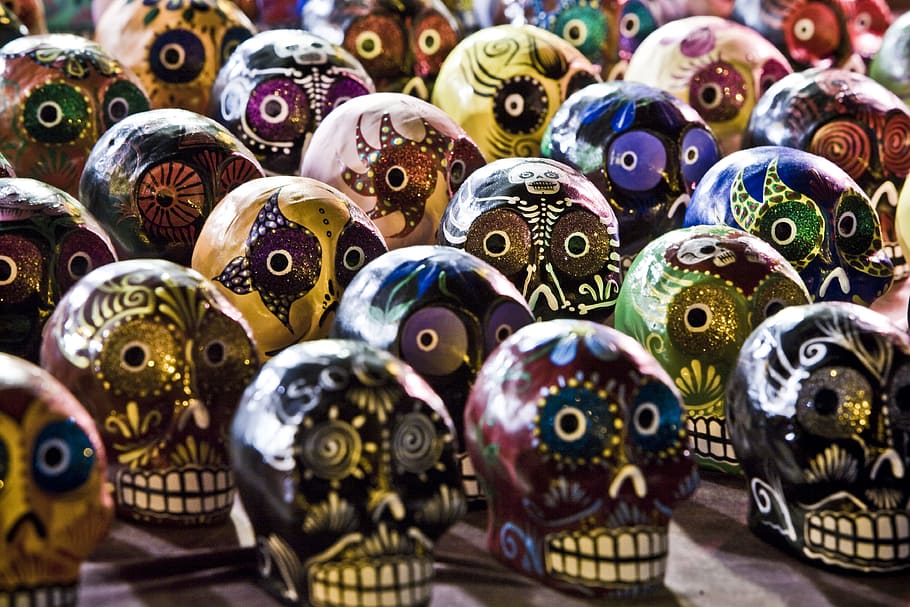 assorted-color skull figurines, sugar skulls, culture, painting, skulls, dia de los muertos, mexicans, mexico, dead, full frame
