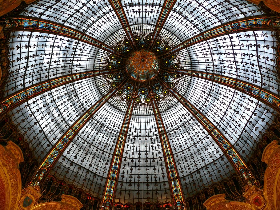 Galería Lafayette Haussmann, París, Galería, iluminación, comercio, vidrio, luz, transparencia, luz y sombra, colores