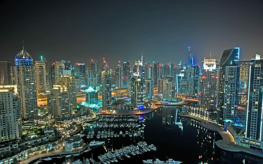 foto udara, kota, malam hari, dubai, gedung pencakar langit, gedung-gedung tinggi, emirat arab bersatu, uae, dubai marina, cityscape
