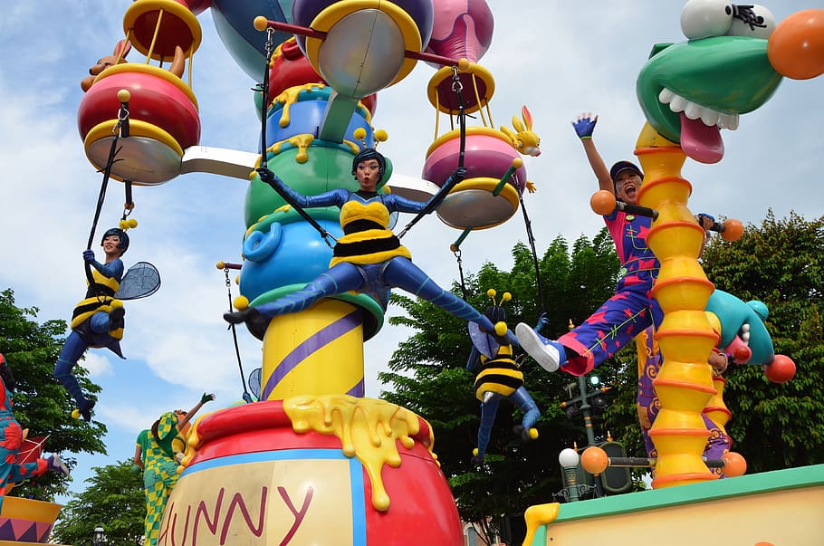 four, person, playing, playground, daytime, Parade, Procession, Festival, the procession, disney land