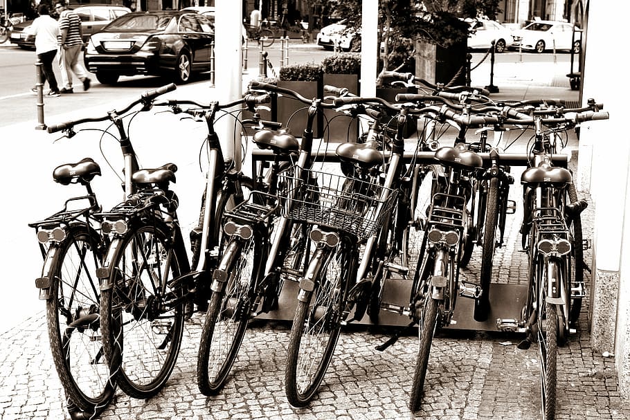 bicycles, city, berlin, black and white, bicycle, transportation, land vehicle, mode of transportation, stationary, day