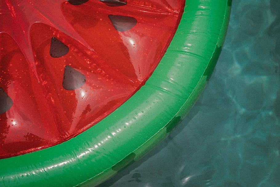 green, red, watermelon inflatable floater, water, liquid, watermelon, fruit, sport, close-up, full frame