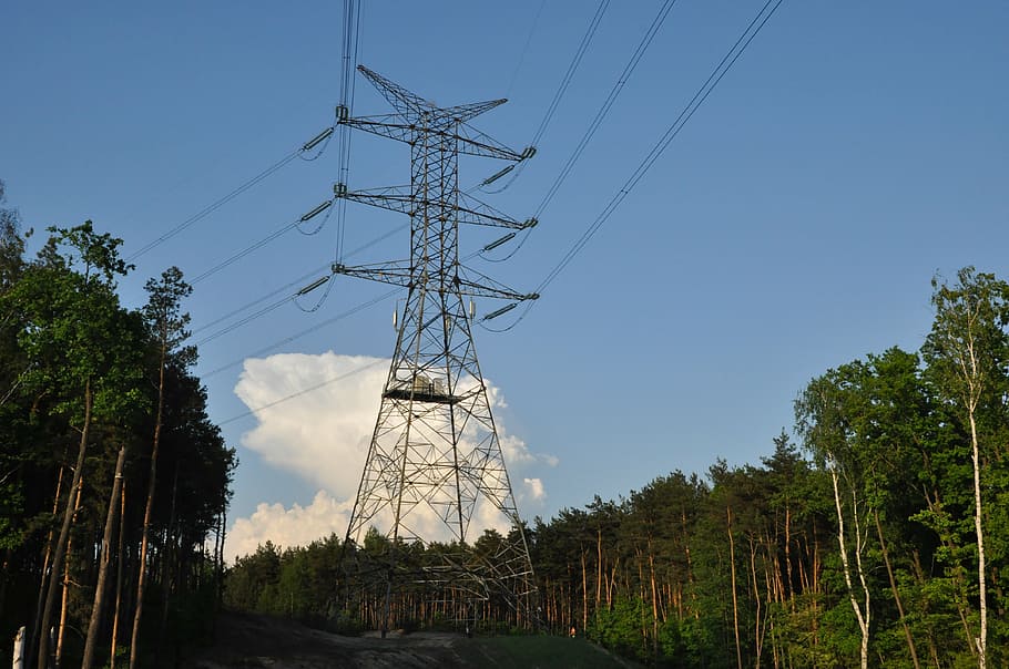 energetics, current, forest, cloud, sky, poland, mazowsze, electricity, technology, fuel and power generation