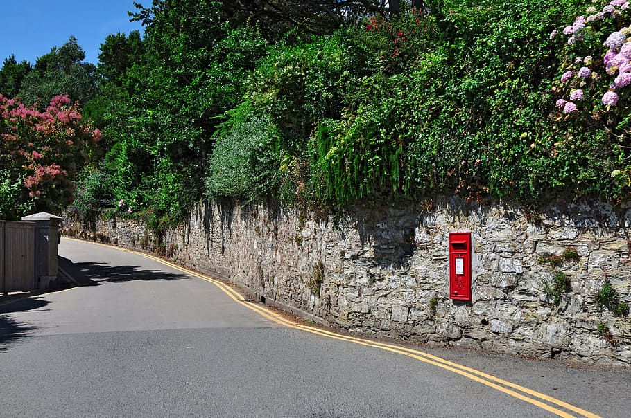 red, mail post, mounted, wall, daytime, st mawes, roseland peninsula, cornwall, england, great britain