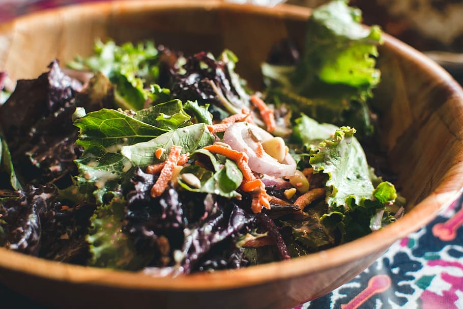 verde, salada, de madeira, tigela, Salada verde, close-up, comer fora, saudável, madeira, comida
