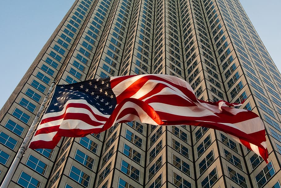 planteado, bandera, estados unidos, américa, miami, rascacielos, u s, patriotismo, estructura construida, arquitectura