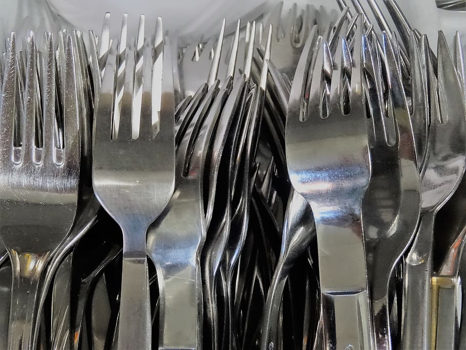 cutlery, fork, metal, eat, gastronomy, cover, indoors, eating utensil, household equipment, large group of objects