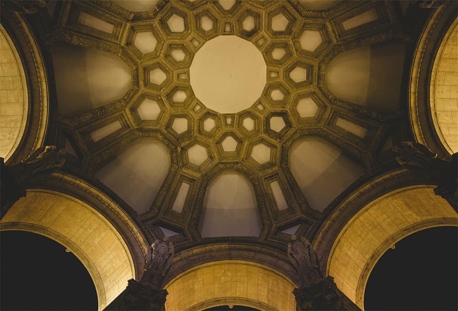 low-angle photography, dome building ceiling, gray, brown, cathedral, ceiling, architecture, arches, arch, indoors