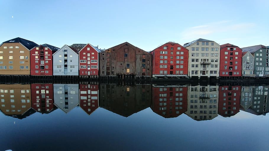 norway, trondheim, architecture, city, building exterior, built structure, reflection, water, sky, waterfront