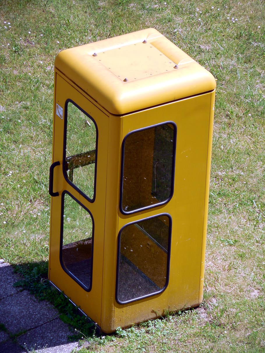 phone booth, dispensary, phone, telephone, old, yellow, day, land, high angle view, nature