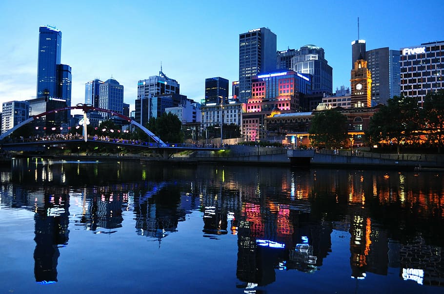 high-rise, buildings, reflected, calm, body, water, dusk, melbourne, australia, skyline