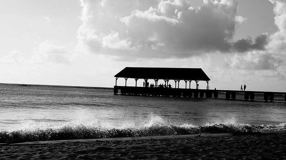 grayscale photo, shed, body, water, silhouette, gazebo, black and white, sky, clouds, beach