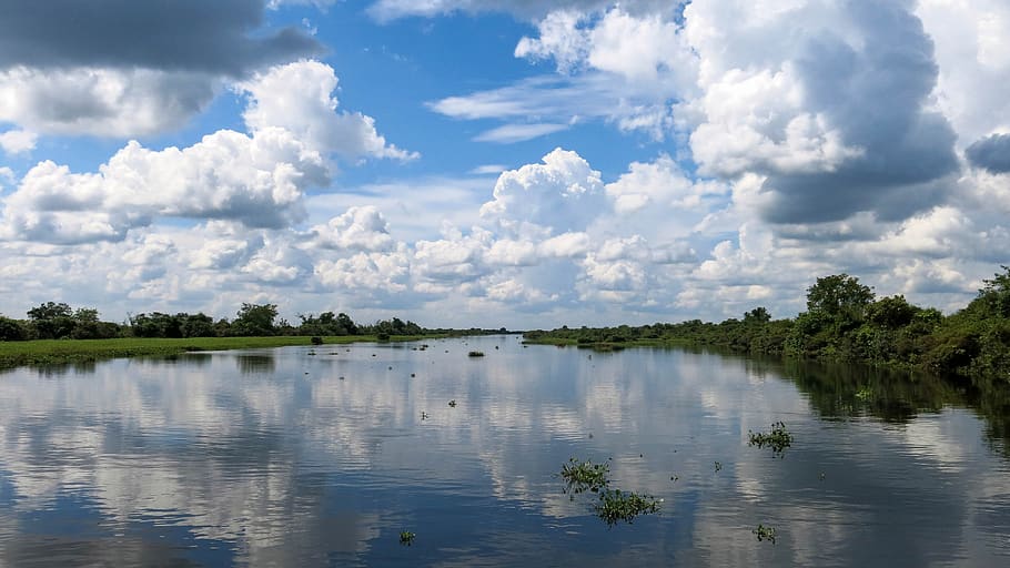 camboja, ásia, viagem de barco, de acordo com battambang, rio, nuvens, espelhamento, água, paisagens - natureza, céu