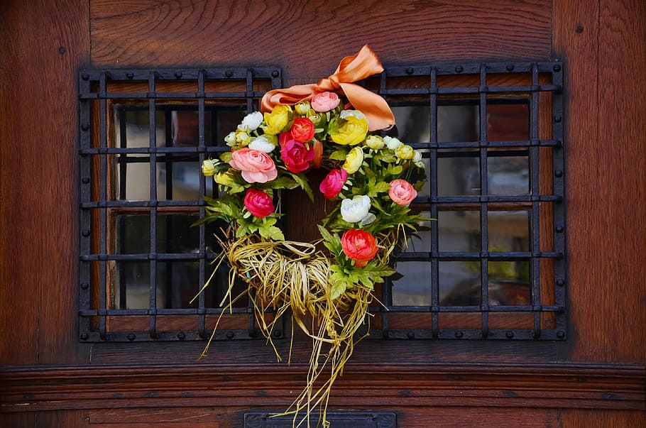 pink, yellow, floral, wreath, hanged, window, door wreath, floral wreath, flowers, door