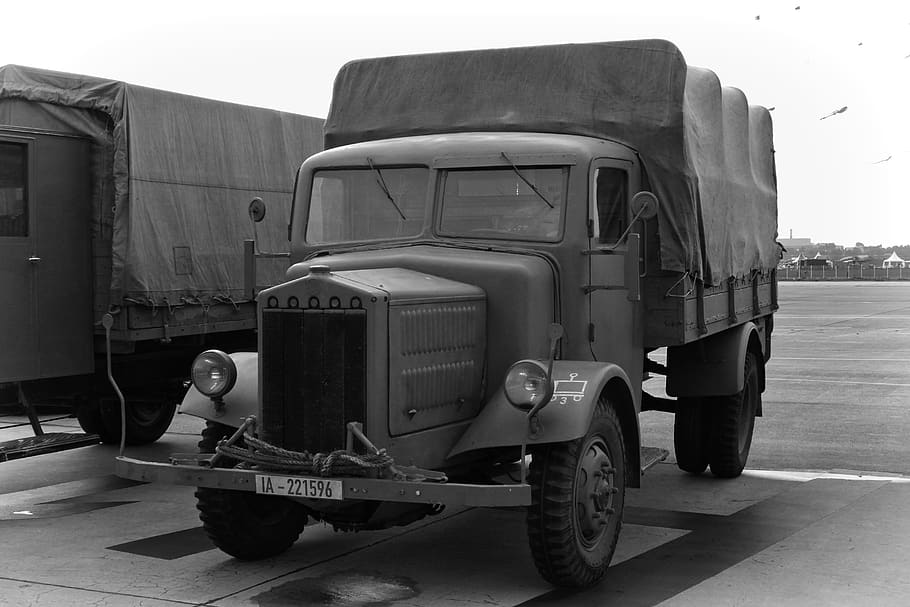 truck, historically, german empire, black and white, long hauber, mode of transportation, transportation, land vehicle, day, men