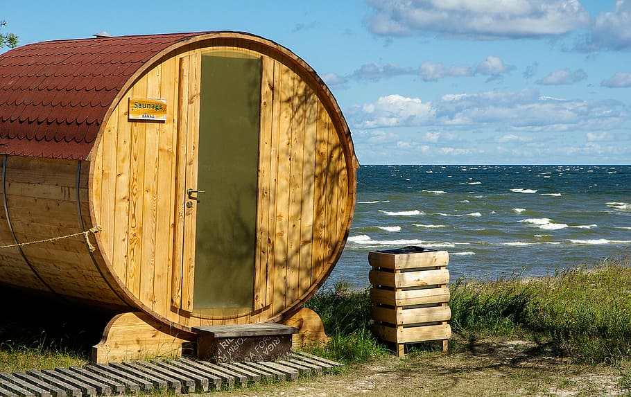 estonia, sauna, baltic sea, beach, water, wood - material, sea, nature, sky, land