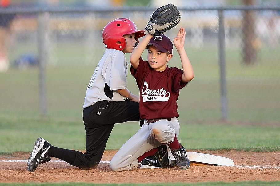 baseball, players, action, second base, helmet, glove, base, game, sport, uniform