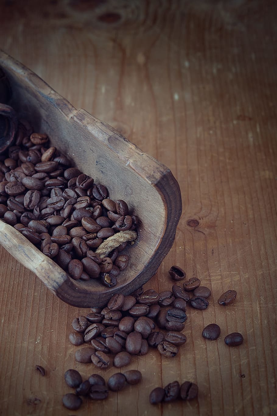 コーヒー, コーヒー豆, ロースト, ブラウン, ダーク, カフェイン, 天然物, 木製シャベル, 木材, 閉じる