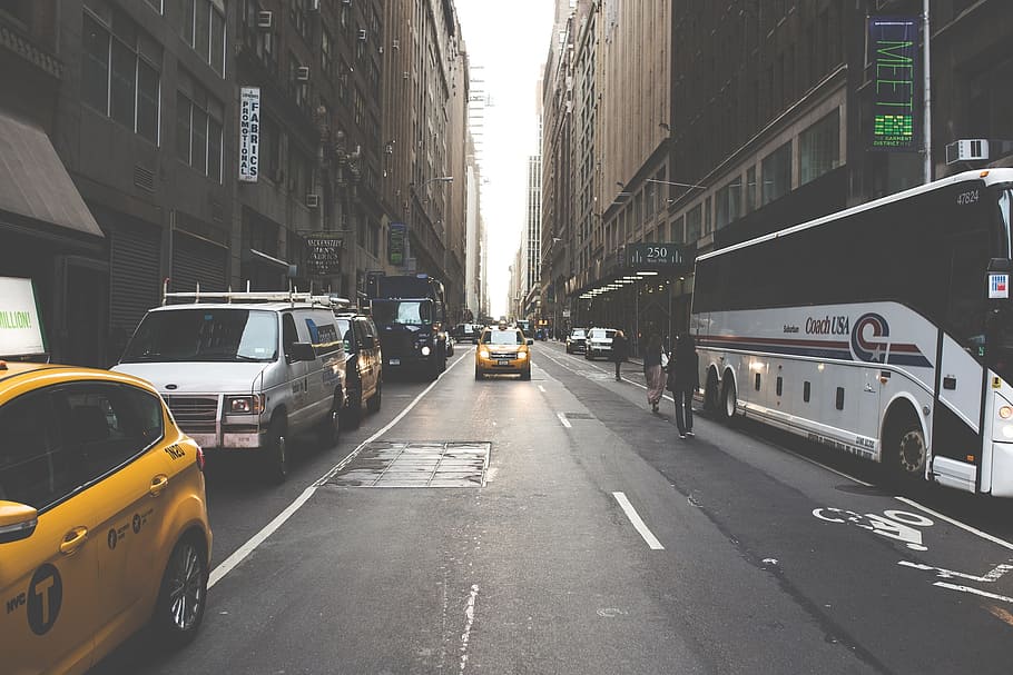 foto, baru, jalan york, kuning, taksi, pusat kota, new york, nyc, kota, perkotaan