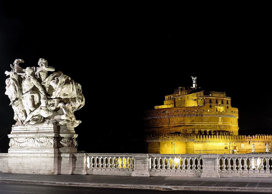 rome, lazio, italy, night, cityscape, history, architecture, statue, statues, castle