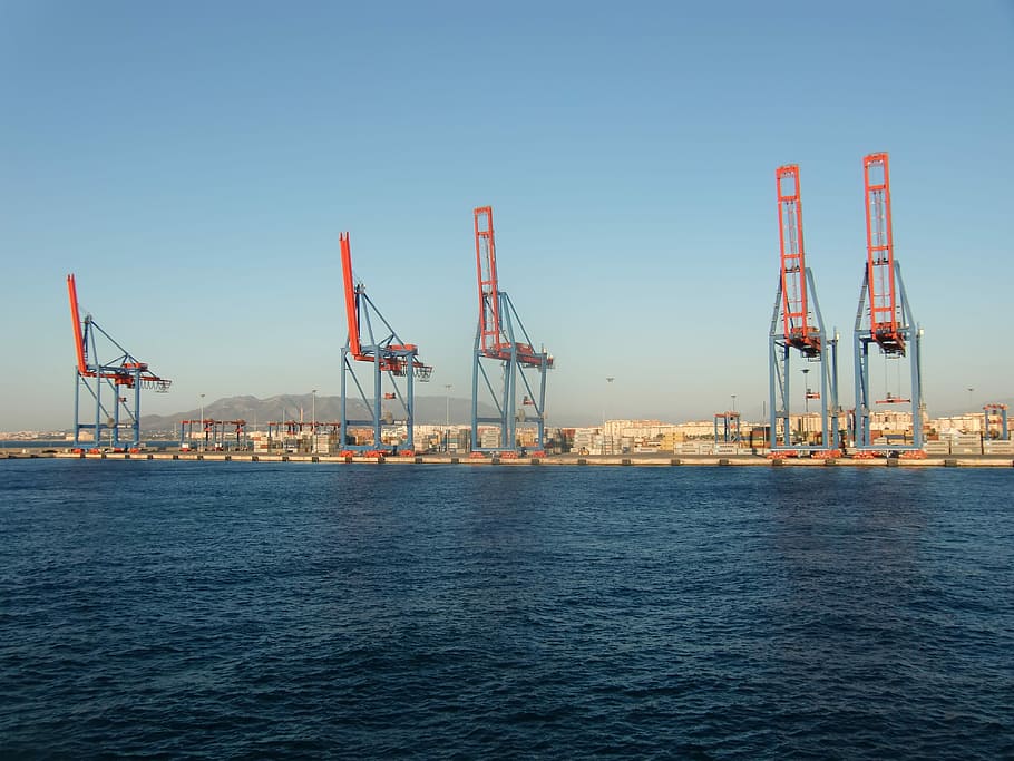 Porto, Guindastes, Mar, Guindaste, Carga, guindastes portuários, contêiner, Espanha, transporte marítimo, transporte de mercadorias