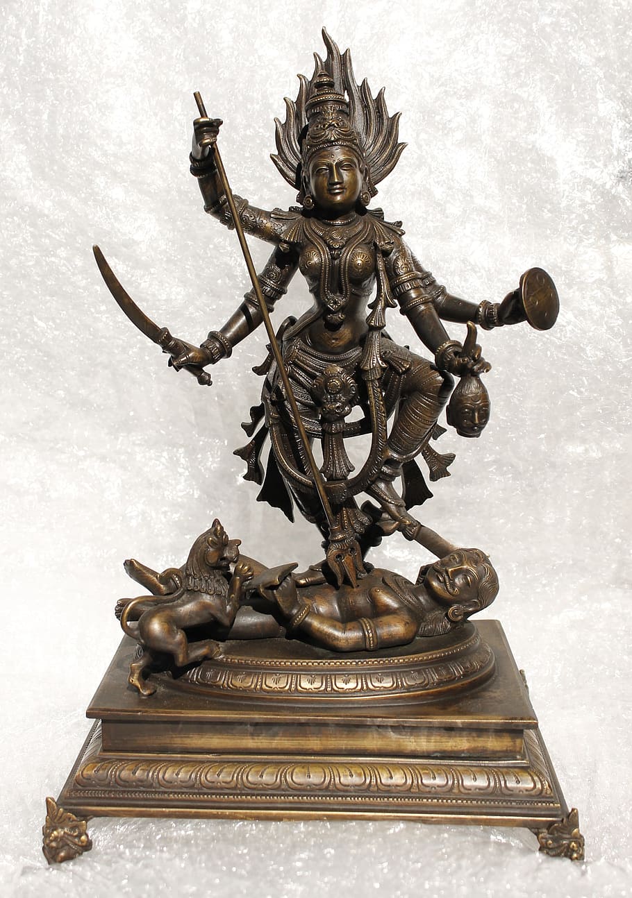 perunggu mini, dewi, dussehra, durgapooja, mahishasuramardini, hindu, india, india selatan, durga, patung