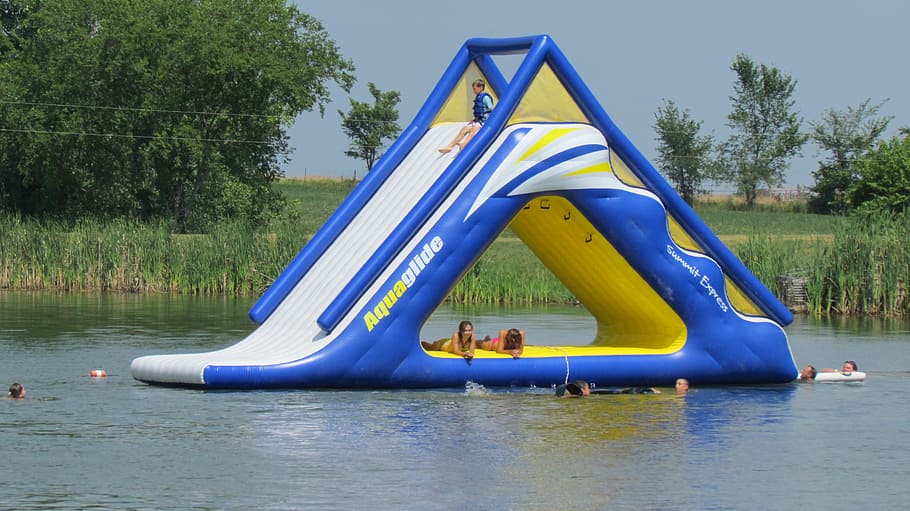 inflatables, play, water, vacation, fun, sun, summer, lake, tree, plant