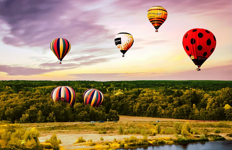 dans, le soir, assorted-colored hot air balloons, air vehicle, transportation, hot air balloon, adventure, flying, sky, balloon
