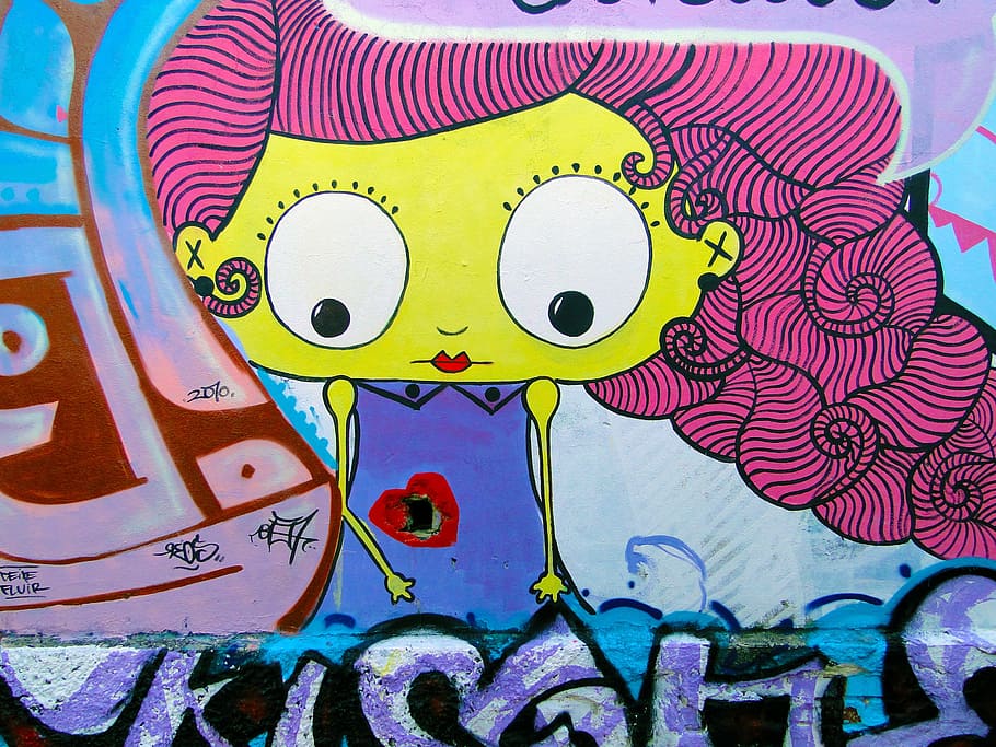 rosa, impresión mural de pelo, graffiti, corazón roto, amor, ella, ojos, amarillo, pared, arte y artesanía