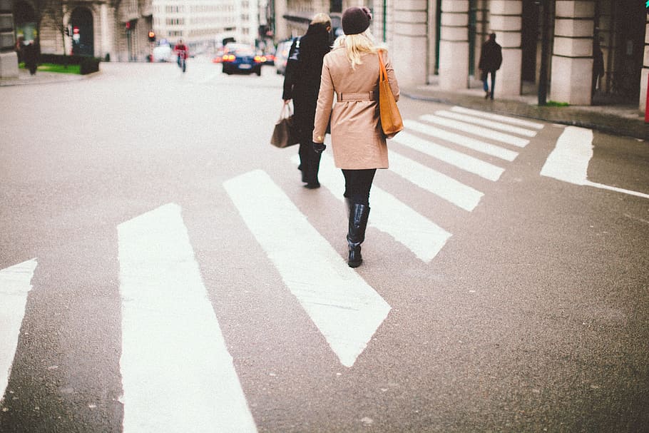 woman, walking, pedestrian, lane, crossing, street, zebra, city, road, urban
