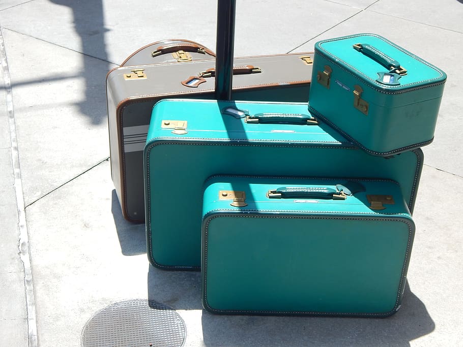 three, teal, two, gray, suit case, set, luggage, travel, disney, hollywood