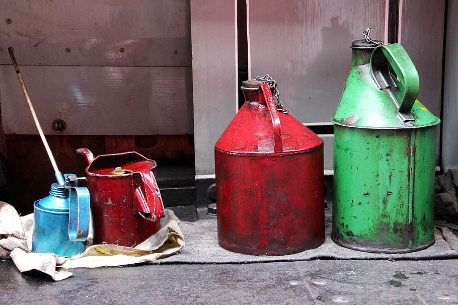 four, assorted-color gas cans, gray, wall, Oil, Cans, Container, Industry, Metallic, handle
