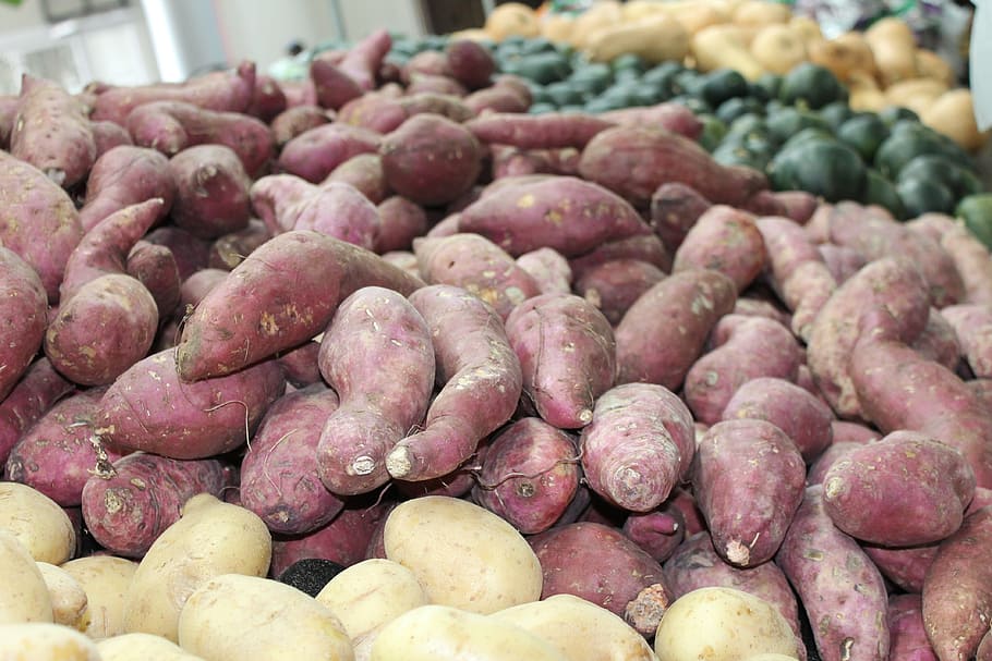 sweet potatoes, food, sweet potato, fresh vegetables, root, grocery supermarket, food store, food and drink, abundance, large group of objects