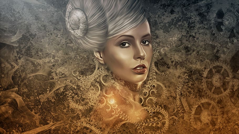 woman, headdress, gear background wallpaper, gothic, dark, steampunk, portrait, female, young, beauty