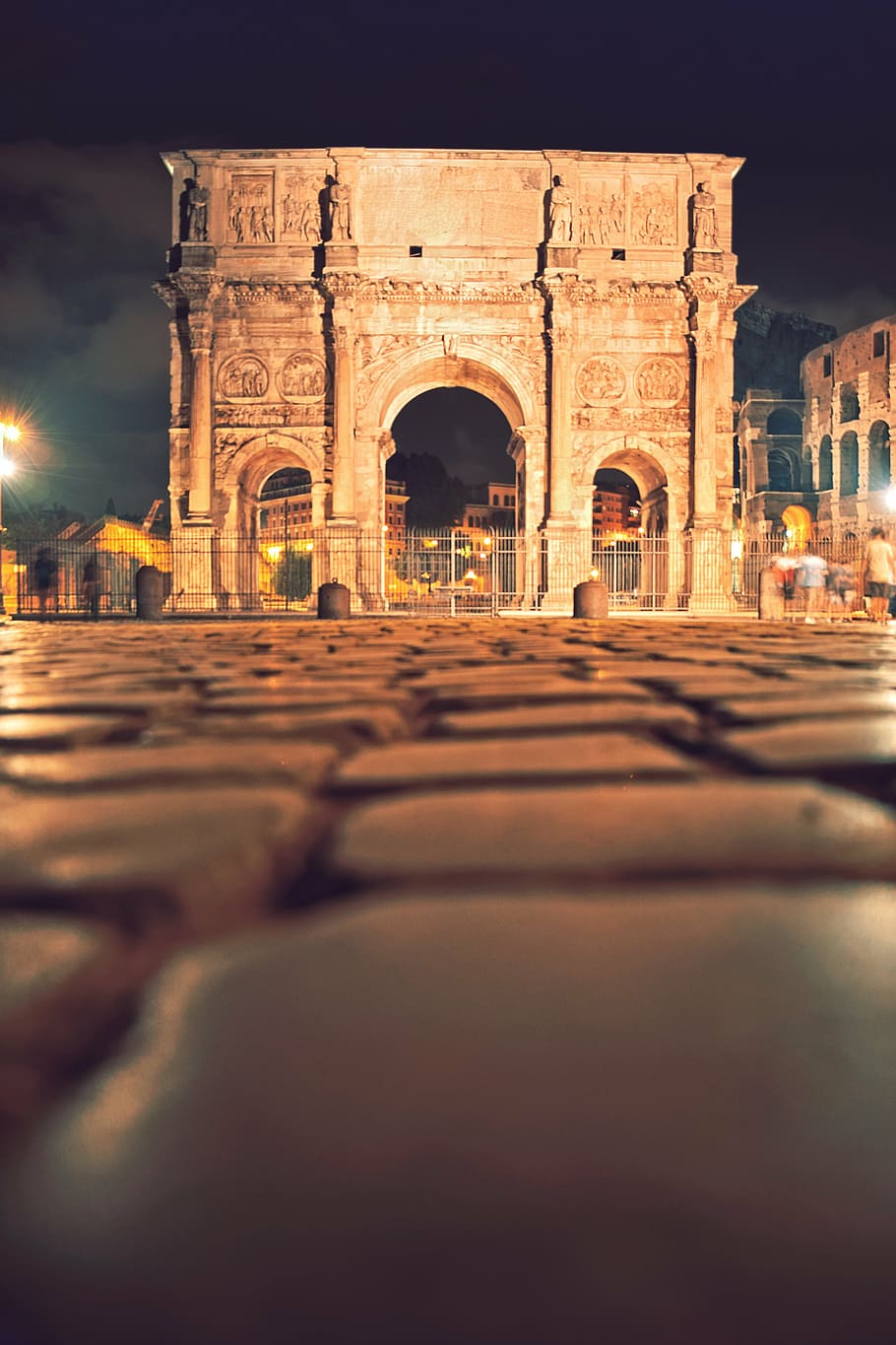 rome, night, triumphal arch, architecture, built structure, history, arch, the past, building exterior, surface level