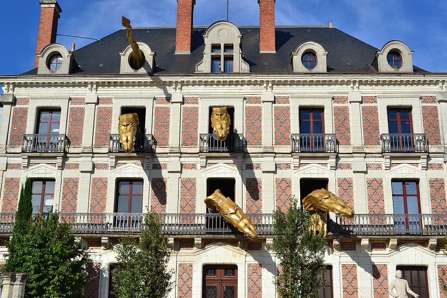 dragon, house of magic, dragons, window, brick house, blois, france, houdin, architecture, facade