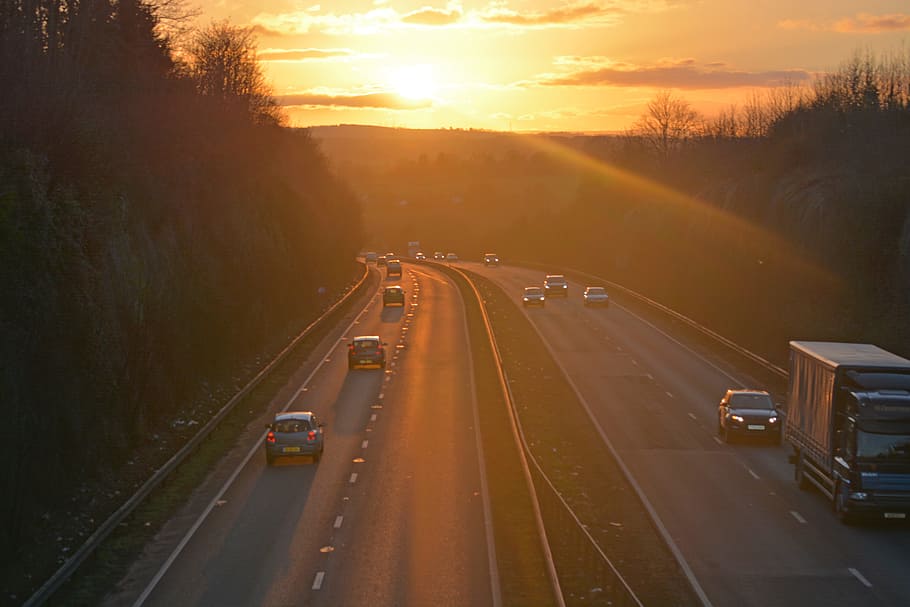 time lapse photo, Sunset, Cars, Travel, Road, transportation, sky, blurred, dusk, highway