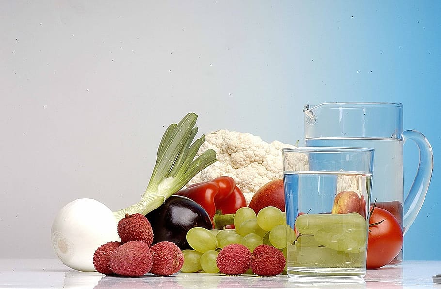 legumes, frutas, ao lado, jarro, fruta, água, natureza morta, vidro, verão, nutrição