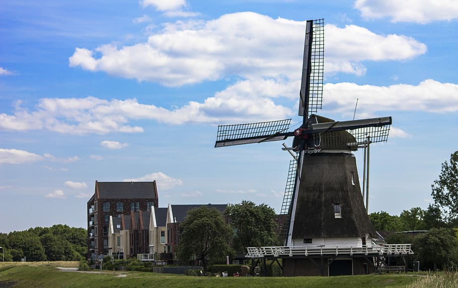 Molino, Países Bajos, Paisaje, molino de viento, Holanda, molino histórico, aire, nubes, cielo azul, aspas de molino