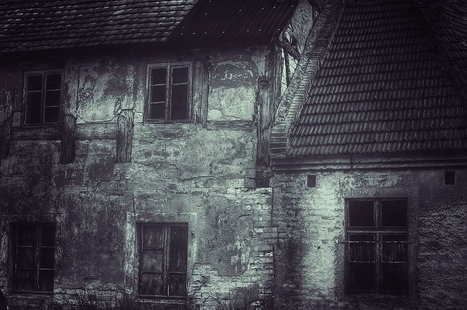 grayscale photography, concrete, 2-storey, 2- storey house, home, old, ailing, facade, lapsed, building