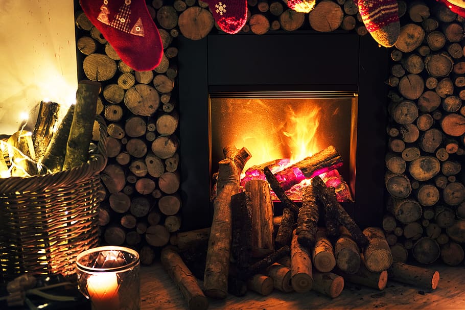 brown, gray, wooden, framed, fireplace, surrounded, fire woods, celebrate, celebration, chimney