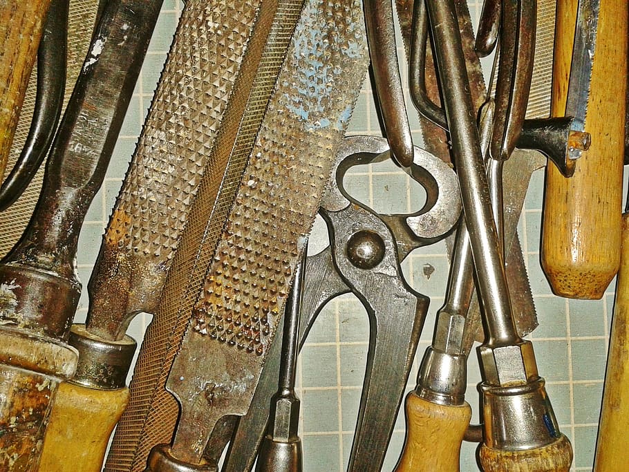 mecánico, kit de herramientas, superficie de mosaico, herramienta, caja de herramientas, alicates, limas, destornillador, metal, artesanos