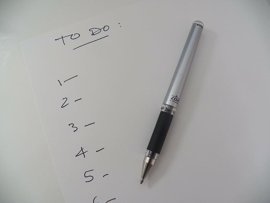 gray, black, pen, white, paper, list, to do list, reminder, to-do, office