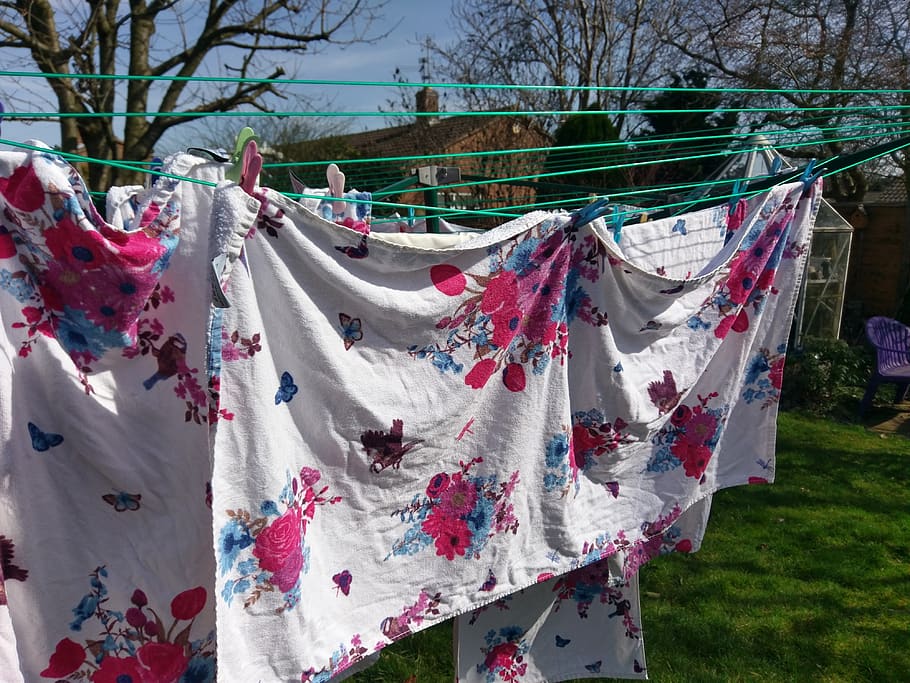 outdoors, laundry, clothesline, hanging, color, colourful, washing line, towels, drying, summer