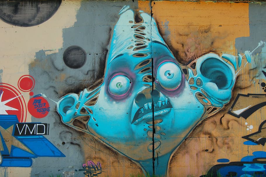 masculino, personaje, mural de pared con cabeza dividida, vmd, azul, e, t, pared, graffiti, arte