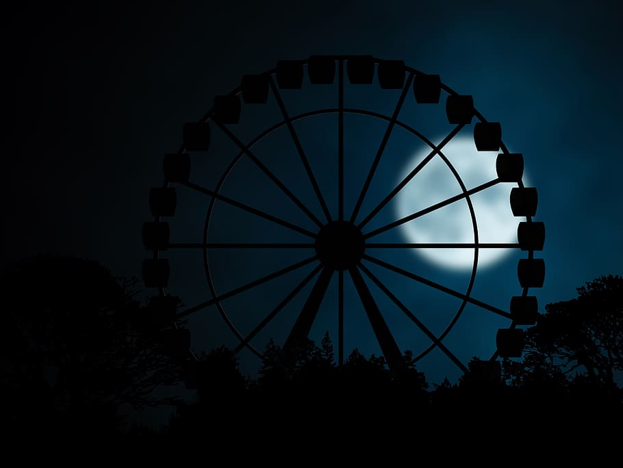 fotografía de silueta, noria, rueda, luz de la luna, silueta, fotografía, noche, sombrío, festival folklórico, paseo