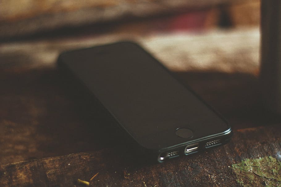 espaço, cinza, iphone 6, preto, tela, marrom, de madeira, superfície, caso, móvel